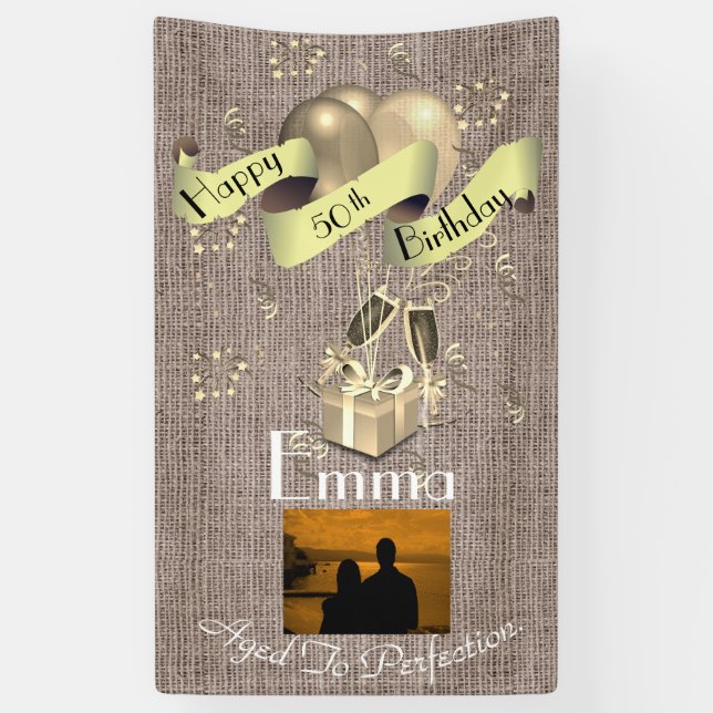 Personalized Burlap Effect Happy 50th Birthday Banner (Vertical)