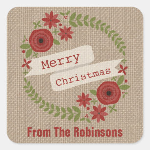 Personalized Burlap Inspired Wreath Christmas Square Sticker