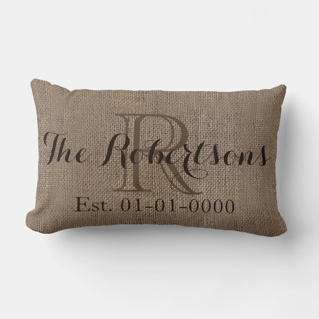 Personalized Burlap-Look Rustic Wedding/Family Lumbar Pillow (Front)