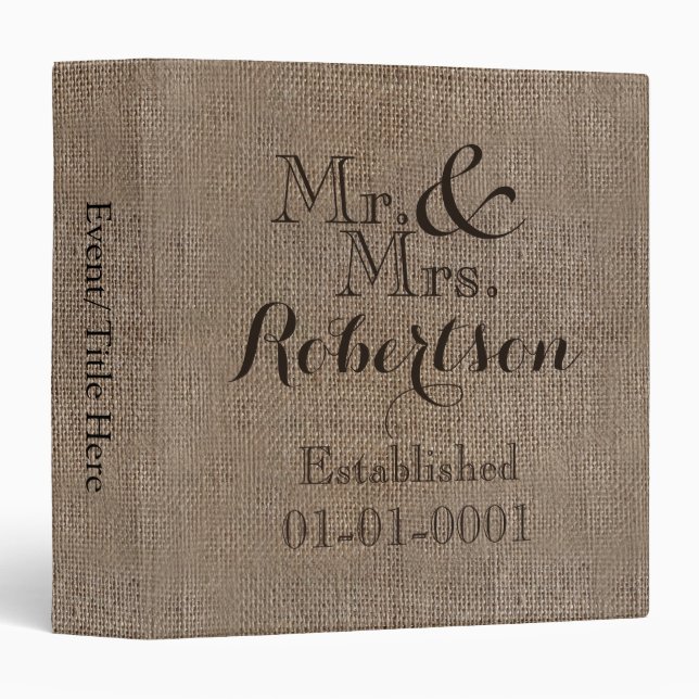 Personalized Burlap-Look Rustic Wedding Keepsake Binder (Front/Spine)