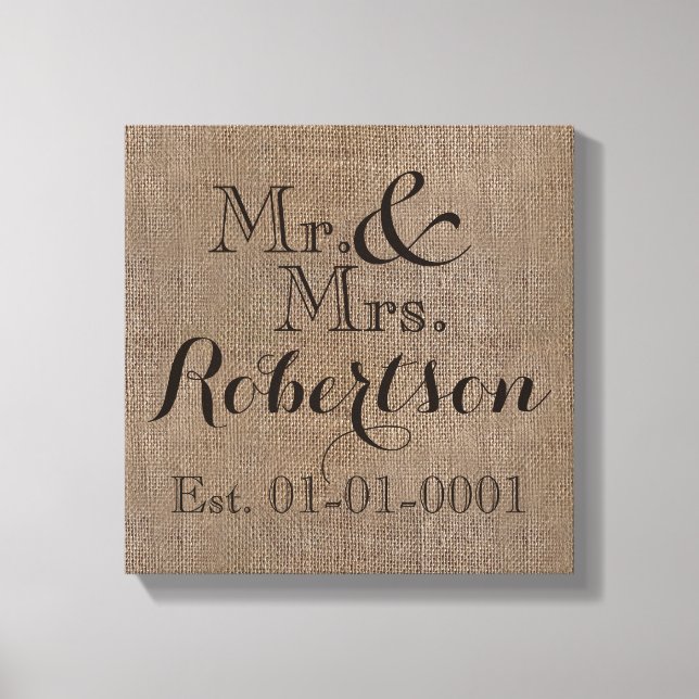 Personalized Burlap-Look Rustic Wedding Keepsake Canvas Print (Front)