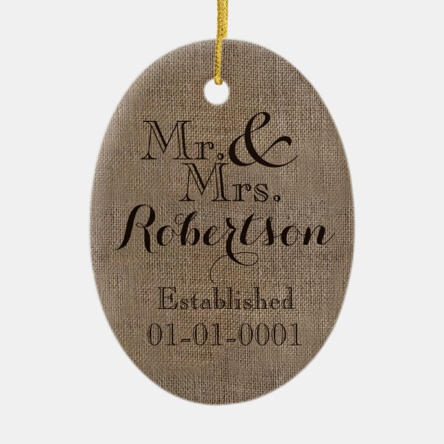 Personalized Burlap-Look Rustic Wedding Keepsake Ceramic Ornament (Front)