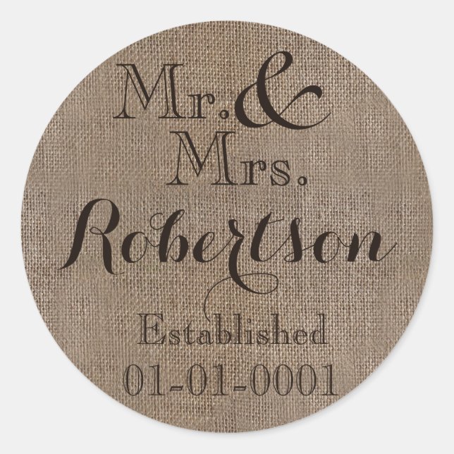Personalized Burlap-Look Rustic Wedding Keepsake Classic Round Sticker (Front)