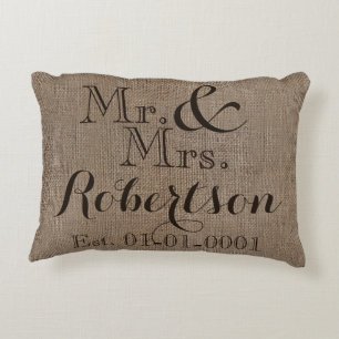 Personalized Burlap-Look Rustic Wedding Keepsake Decorative Pillow