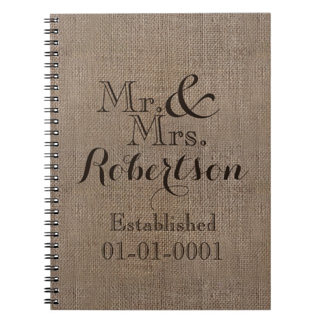 Personalized Burlap-Look Rustic Wedding Keepsake Notebook (Front)