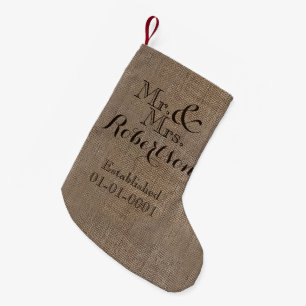 Personalized Burlap-Look Rustic Wedding Keepsake Small Christmas Stocking
