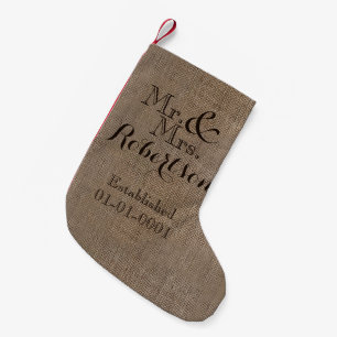 Personalized Burlap-Look Rustic Wedding Keepsake Small Christmas Stocking