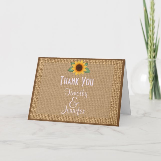 Personalized Burlap Sunflower Thank You Note Card (Front)