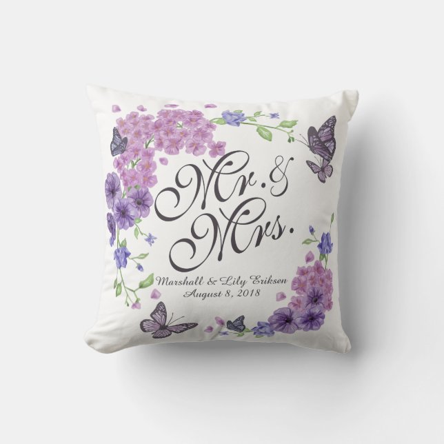 Personalized Butterflies Floral Wedding Pillow (Front)