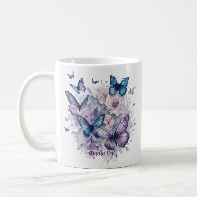 Personalized Butterflies Purple Name Girl Coffee Mug (Left)