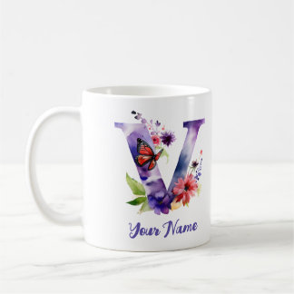 Personalized Butterfly and Flowers Letter "V" Coffee Mug