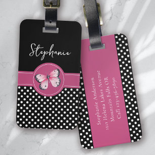 Personalized Butterfly Black Pink White Polka Dots Luggage Tag