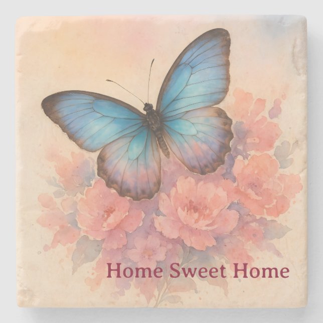 Personalized Butterfly Peach Floral Elgant Design  Stone Coaster (Front)
