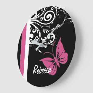 Personalized Butterfly Swirls Cranberry Pink Large Clock