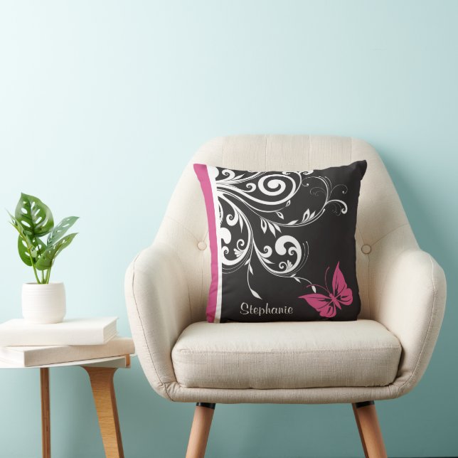 Personalized Butterfly Swirls Cranberry Pink Throw Pillow (Chair)