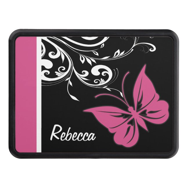 Personalized Butterfly Swirls Cranberry Pink Trailer Hitch Cover (Front)