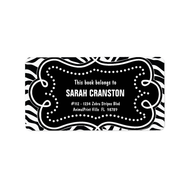Personalized BW Zebra Stripes Pattern Bookplate Label (Front)