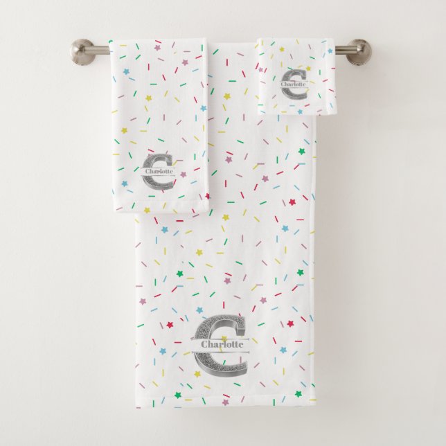  Personalized C Initial Silver Monogram Your Name Bath Towel Set (Insitu)