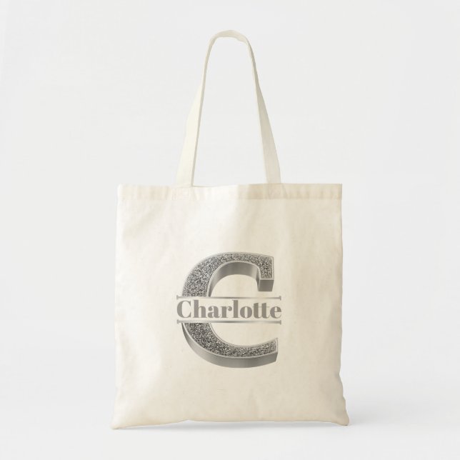 Personalized C Initial Silver Monogram Your Name Tote Bag (Front)