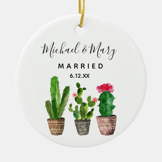 Personalized Cactus Married Newlywed Gift Ceramic Ornament (Front)