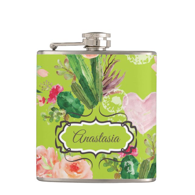 Personalized Cactus Pastel Hip Flask (Front)