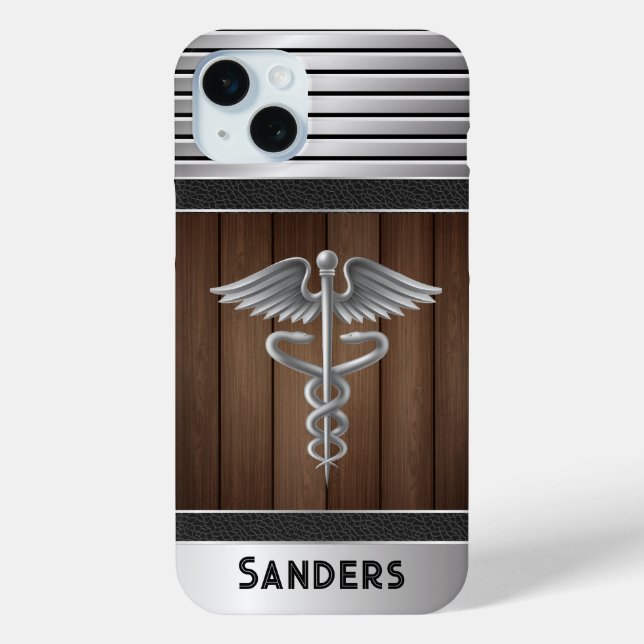 Personalized Caduceus Doctor Metal & Wood Case-Mate iPhone Case (Back)