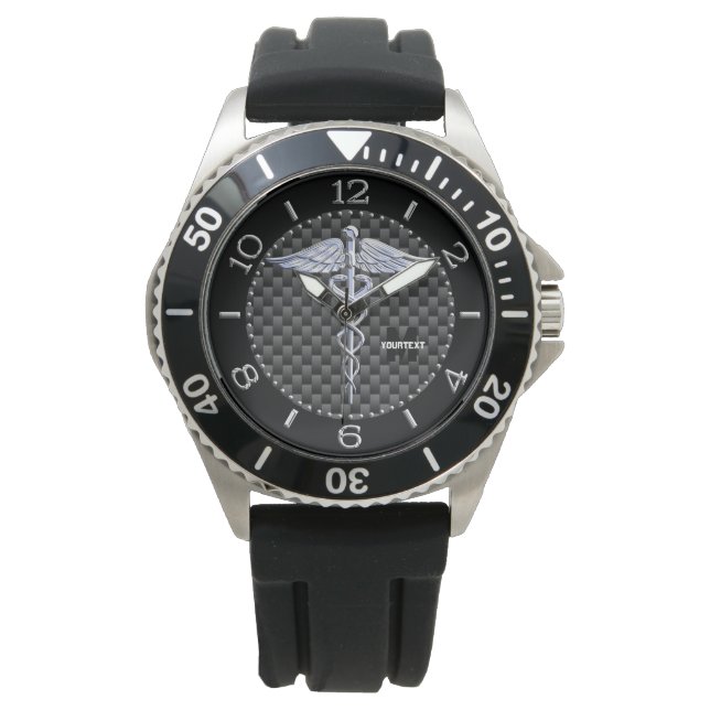 Personalized Caduceus Symbol Carbon Style Dial Watch (Front)