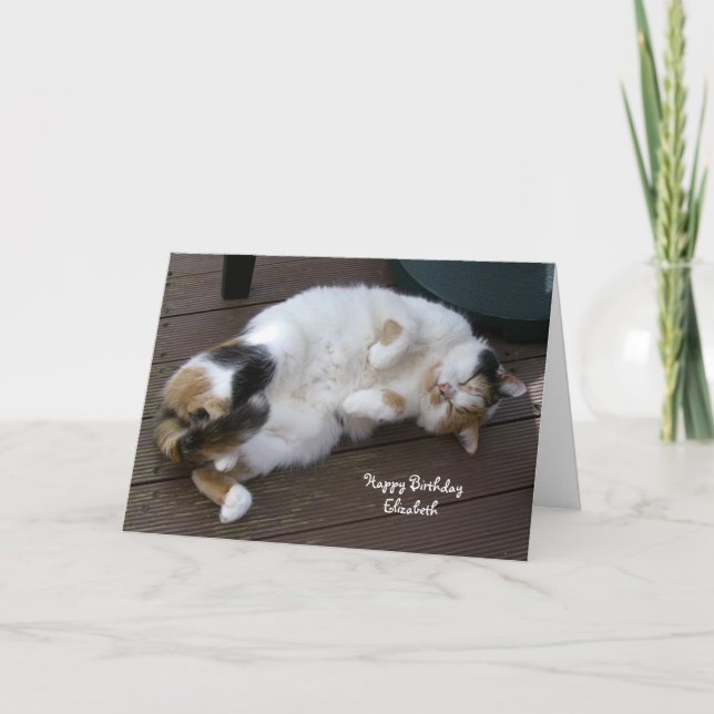 Personalized Calico cat curled up decking Birthday Card (Front)