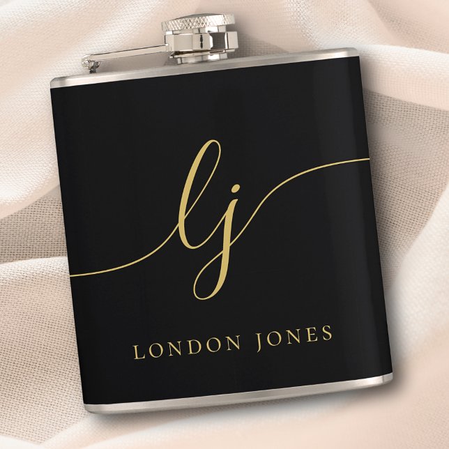 Personalized Calligraphy Black Gold Bachelorette Hip Flask (Creator Uploaded)