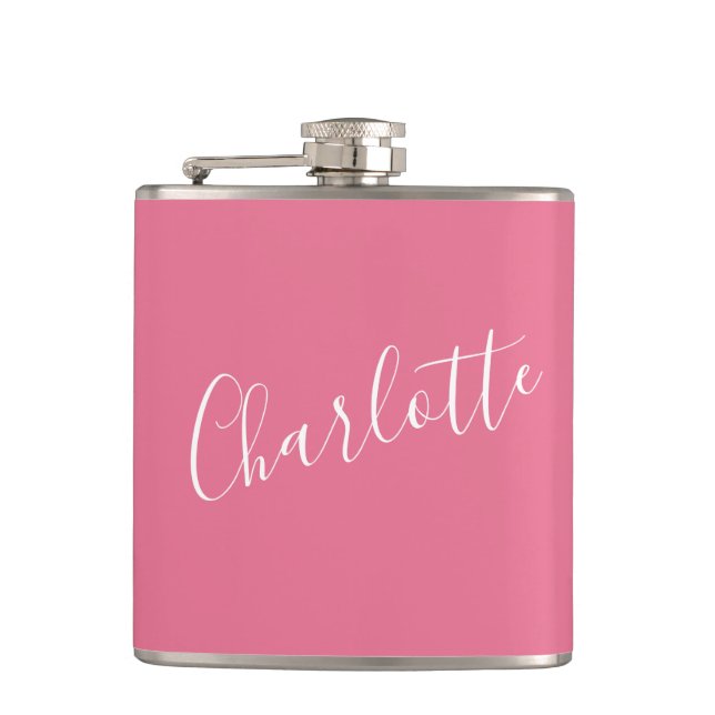 Personalized Calligraphy Name Pink Bachelorette  Hip Flask (Front)