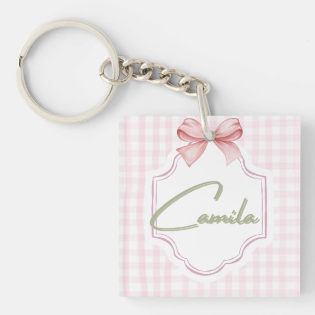 Personalized Camila Baby Girl Nursery Bow&Gingham  Keychain (Front)