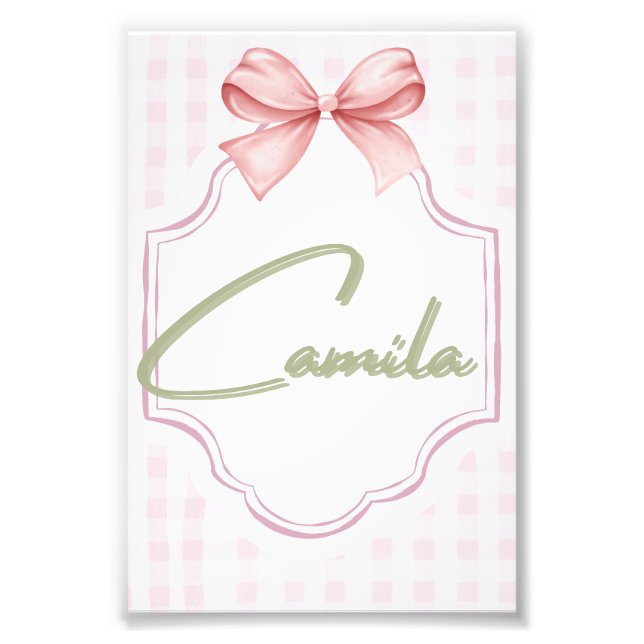 Personalized Camila Baby Girl Nursery Bow&Gingham  Photo Print (Front)