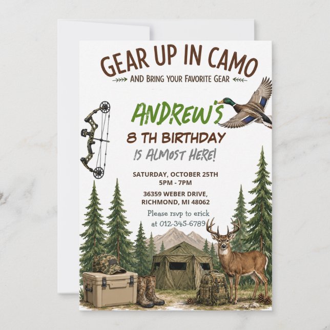 Personalized Camo Boy Hunting Birthday Invitation (Front)