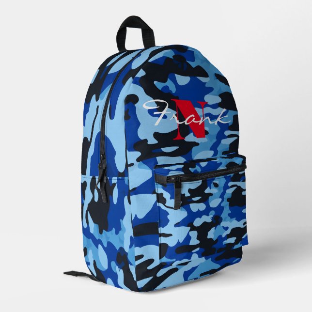 Personalized Camo Pattern Blue Black Backpack (Back Corner Left)
