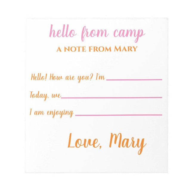 Personalized Camp Notepads for Girls (Front)