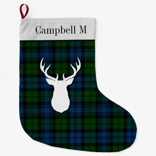 Personalized Campbell Military Tartan Green Plaid Large Christmas Stocking (Front)