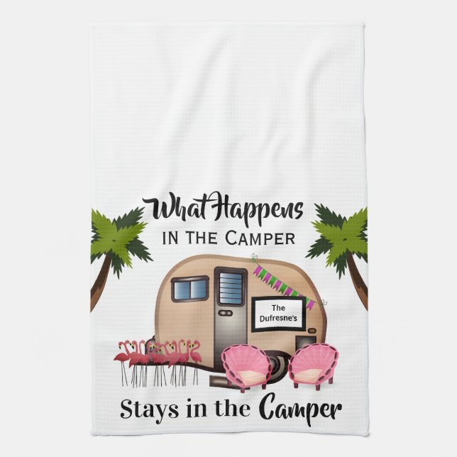 Personalized Camper/Flamingo Kitchen Towel (Vertical)