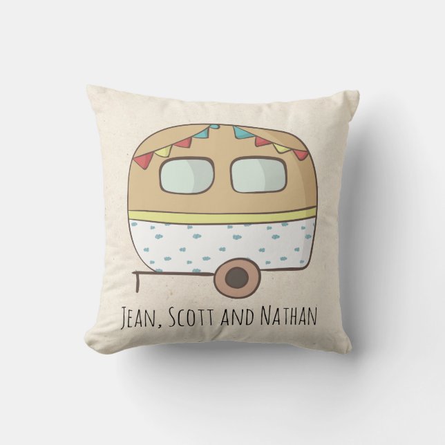 Personalized Camper RV Names Camp Trailer Throw Pillow (Front)
