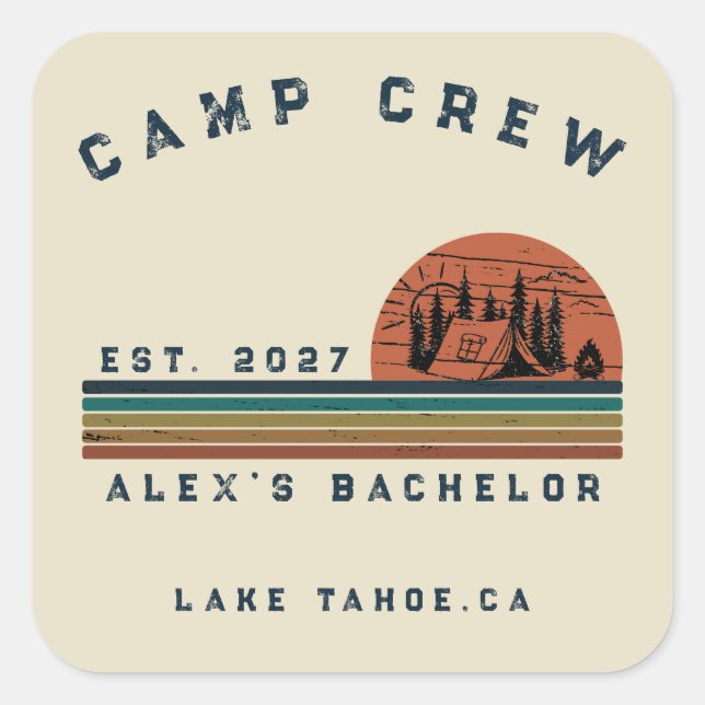 Personalized Camping Weekend Bachelor Party Square Sticker (Front)