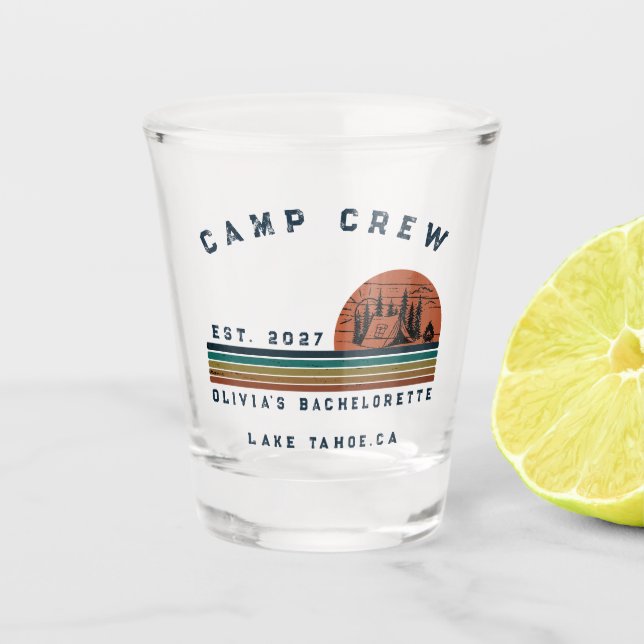 Personalized Camping Weekend Bachelorette Party Shot Glass (Front)
