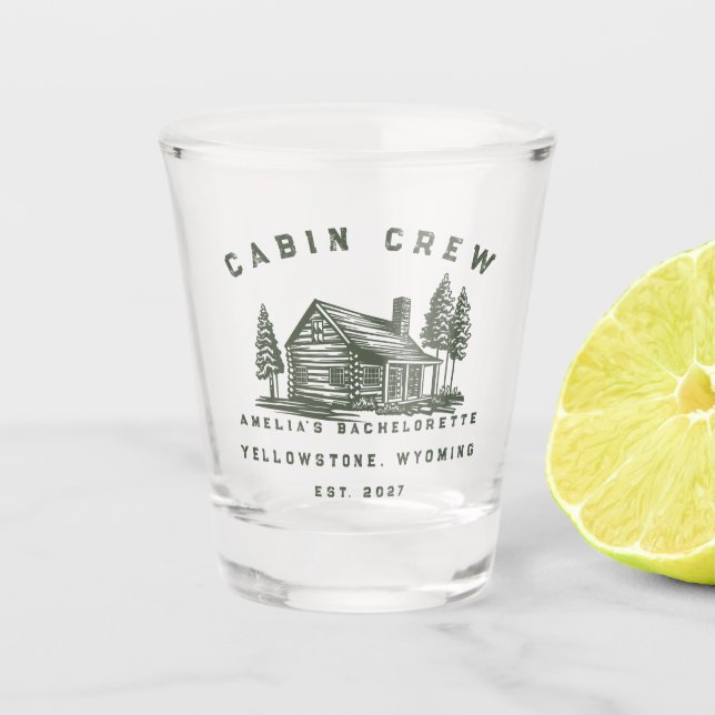 Personalized Camping Weekend Bachelorette Party Shot Glass (Front)
