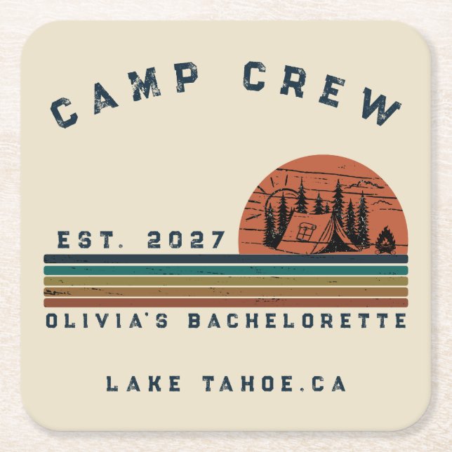 Personalized Camping Weekend Bachelorette Party Square Paper Coaster (Front)