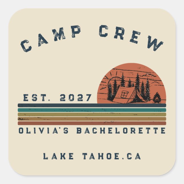 Personalized Camping Weekend Bachelorette Party Square Sticker (Front)