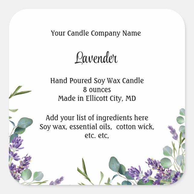 Personalized Candle Labels Lavender Eucalyptus (Front)