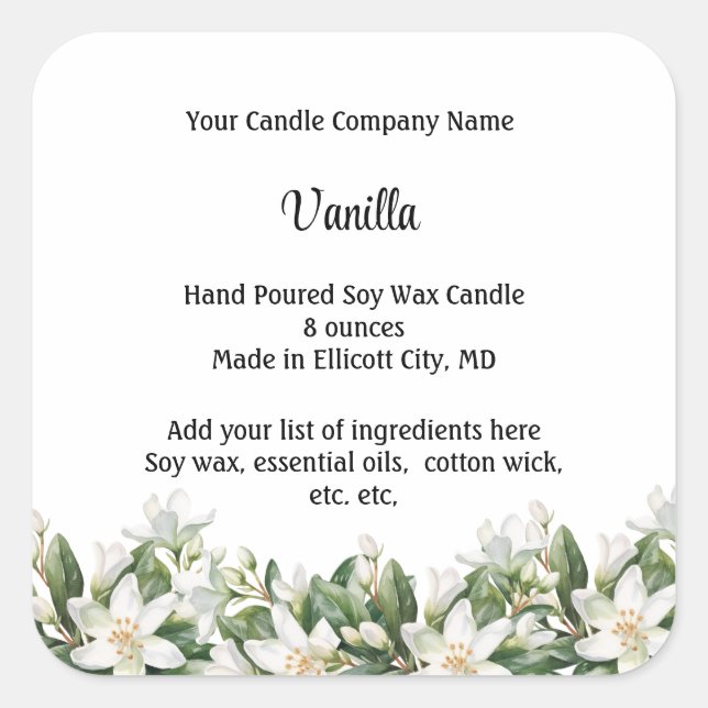 Personalized Candle Labels White Floral Flowers (Front)
