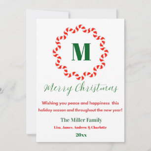 Personalized Candy Cane Monogram Christmas Holiday Card