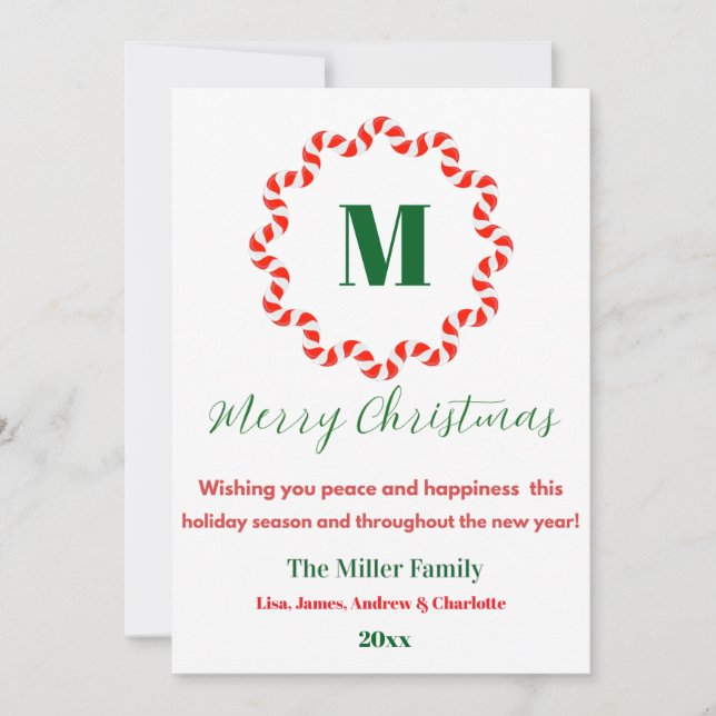 Personalized Candy Cane Monogram Christmas Holiday Card (Front)