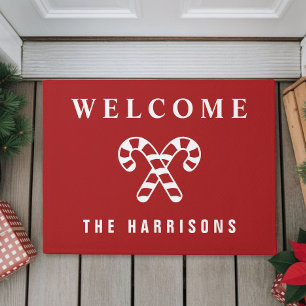 Personalized Candy Cane Red Christmas Doormat