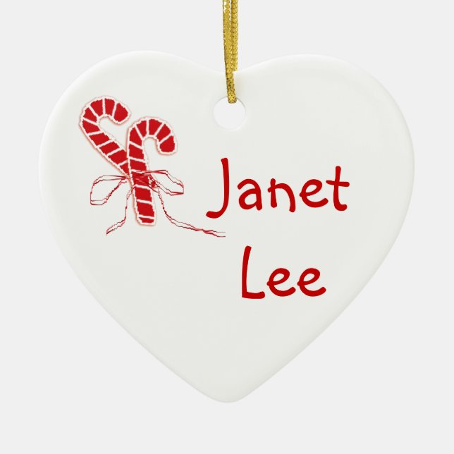 Personalized Candy Canes Heart Ceramic Ornament (Front)