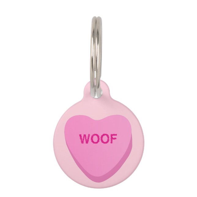 Personalized Candy Heart WOOF Pink Dog ID Tag (Front)